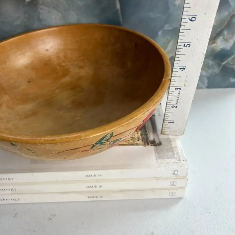 Vintage Hand Painted Wooden Dough Bowl Cherry Motif Japan Hand Turned 9 3/4